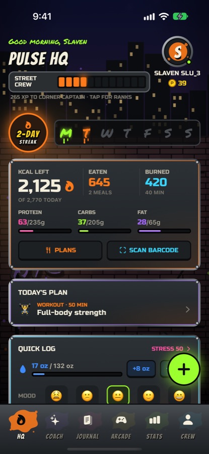 Pulse HQ screen: calories left, macros, streak and Street Crew rank